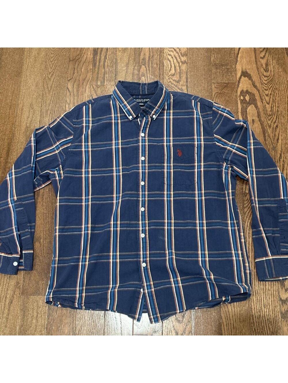 US Polo Assn XL Plaid Shirt Blue Stretch Button Down Preppy